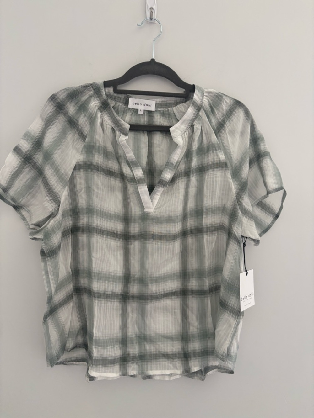 Bella Dahl Green and White‎ Plaid Split-Neck Top